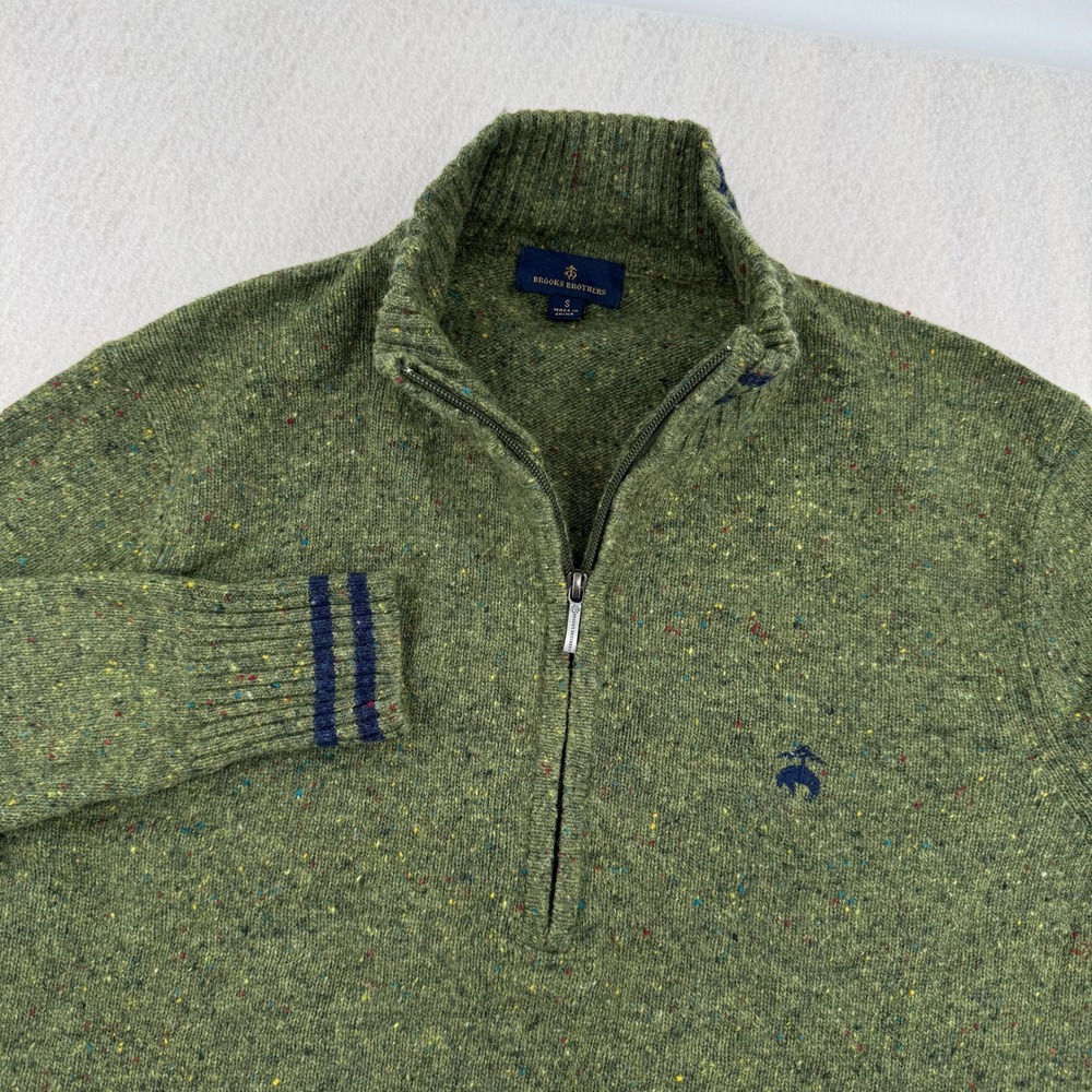 Brooks Brothers Mens Small Lambswool Blend Speckled Quarter Zip Sweater Green